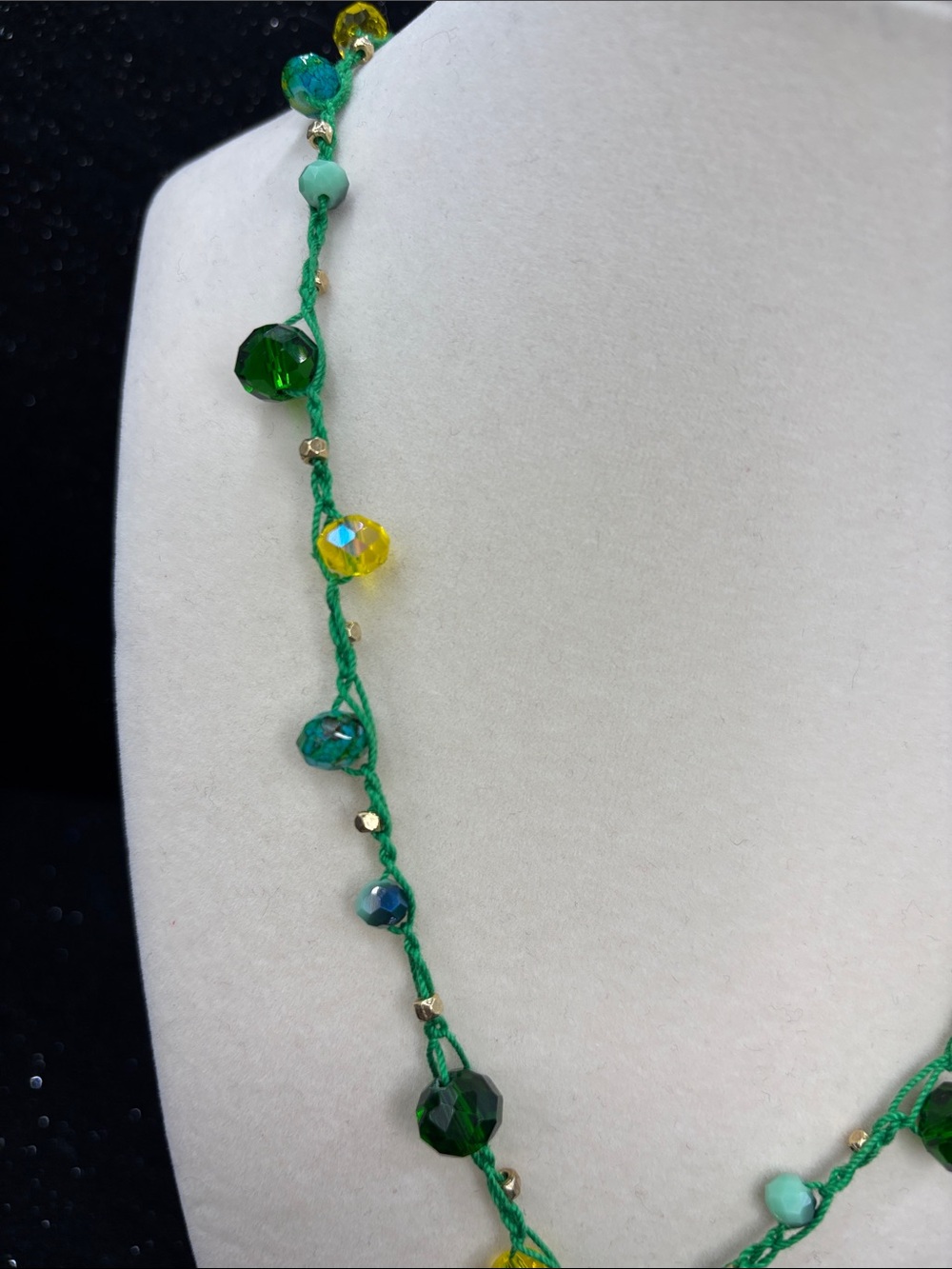 Green Crochet Flower Necklace | Handmade Beaded Fiber Necklace - Picture 4 of 4